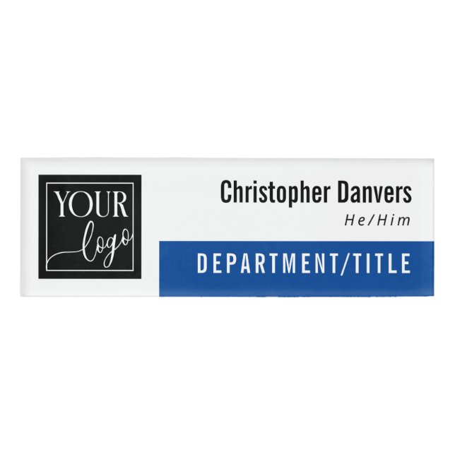 Blue Clean Logo Personal Pronouns Employee Name Tag (Front)