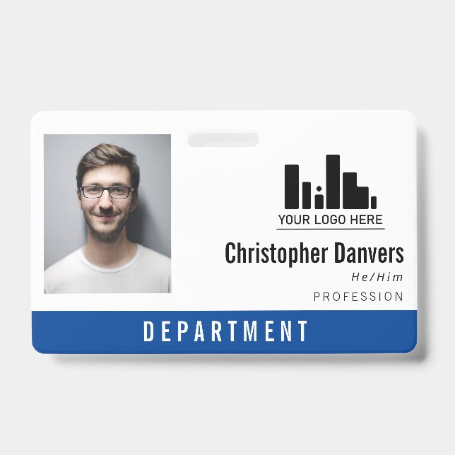 Blue Clean Logo Personal Pronouns Office Employee Badge (Front)