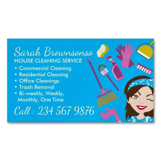 Blue Cleaning Service Janitorial Lady Tile Washing Business Card Magnet (Front)