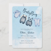 Blue Clothesline Baby Clothes Sky Boy Baby Shower Invitation (Front)