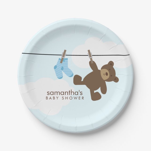 Blue Clothesline Boy Baby Shower Paper Plates (Front)