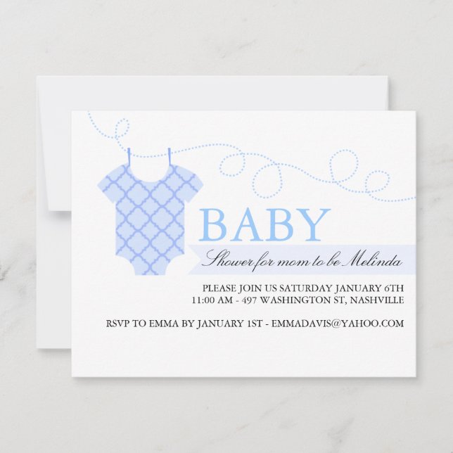Blue clothesline Modern Baby Shower Invitation (Front)