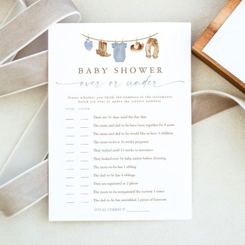 Blue Clothesline Over Under Baby Shower Game Card