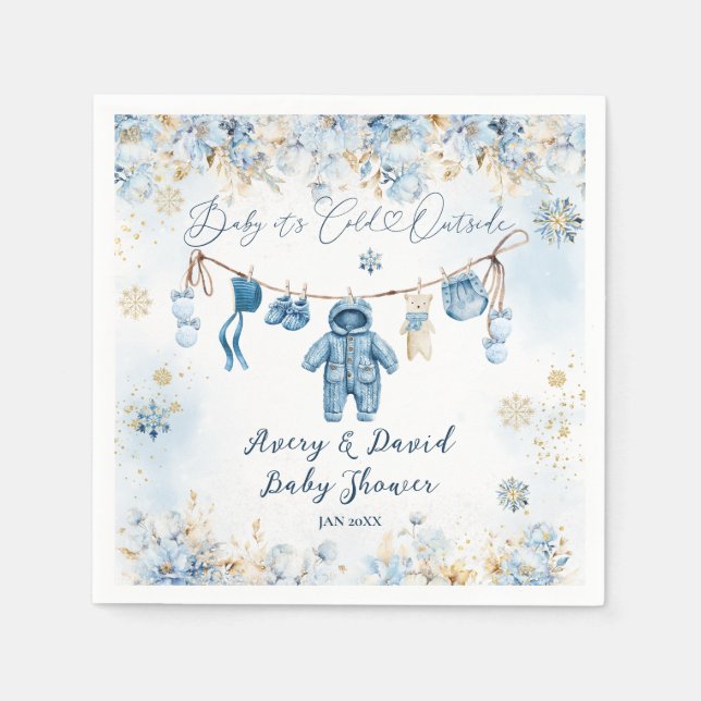 Blue ClothestLine Cold Outside Baby Boy Shower Napkins (Front)