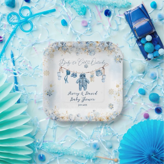 Blue ClothestLine Cold Outside Baby Boy Shower Paper Plates (Party)