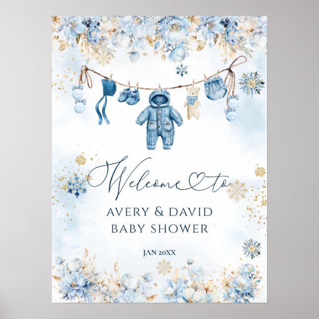 Blue ClothestLine Cold Outside Baby Boy Shower Poster (Front)