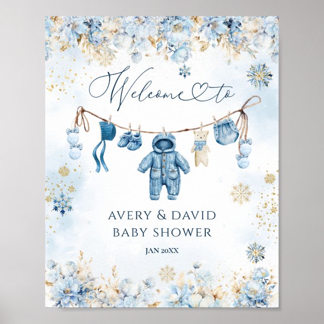 Blue ClothestLine Cold Outside Baby Boy Shower Poster (Front)