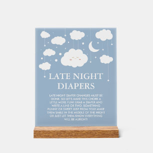 Blue Cloud 9 Baby Shower Late Night Diapers Game Acrylic Sign