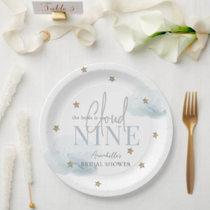 Blue Cloud 9 Gold Star Bridal Shower Paper Plates