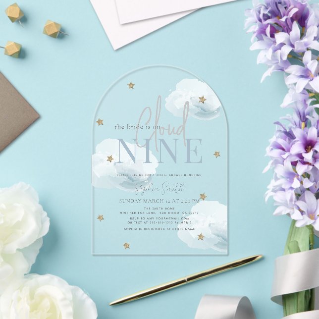 Blue Cloud 9 Gold Stars Watercolor Bridal Shower Acrylic Invitations (Insitu (Wedding))