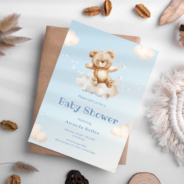 Blue Cloud Baby Bear Baby Shower Invitation (Creator Uploaded)