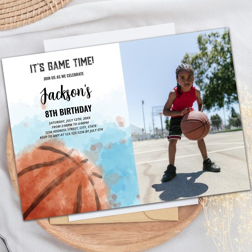 Blue Cloud Basketball Birthday Invitations w photo