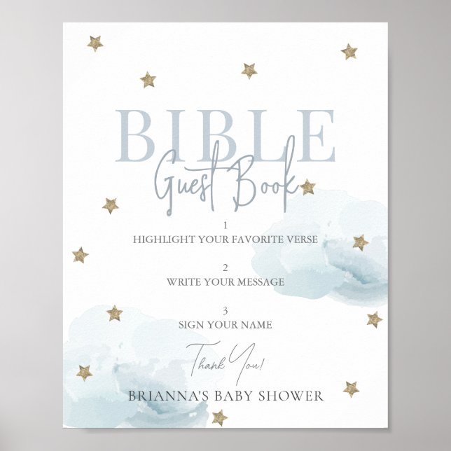Blue Cloud Gold Star Baby Shower Bible Guest Book (Front)