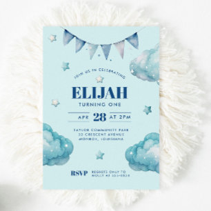 Blue Cloud Star Bunting Banner Birthday Party Invitation