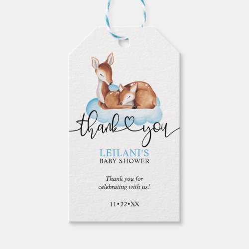 Blue Cloud Watercolor Deer Baby Shower Thank You Gift Tags