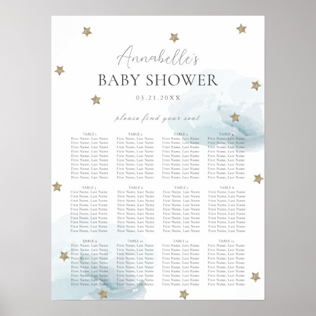 Blue Clouds & Gold Stars Baby Shower Seating Chart (Front)