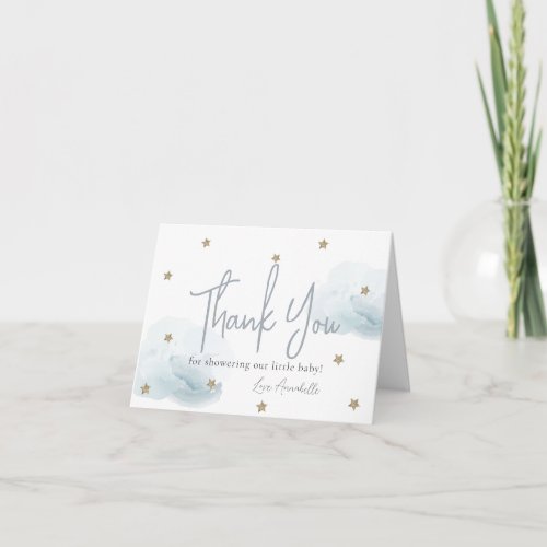Blue Clouds  Gold Stars Watercolor Baby Shower Thank You Card