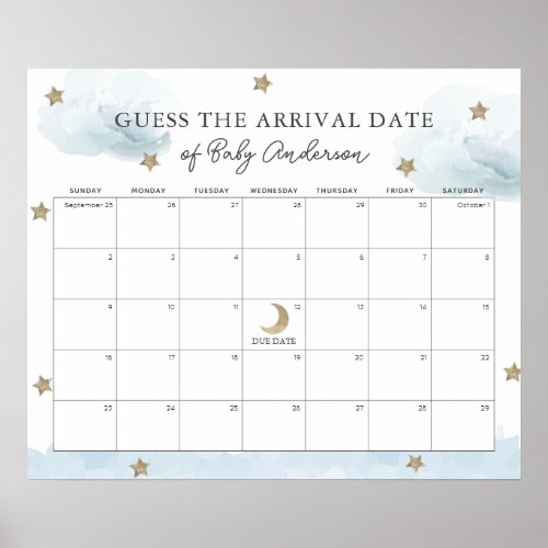 Blue Clouds  Stars Guess The Due Date Calendar Poster