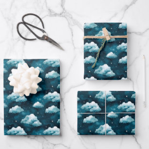 Blue Clouds & Stars on Dark Blue Wrapping Paper Sheets