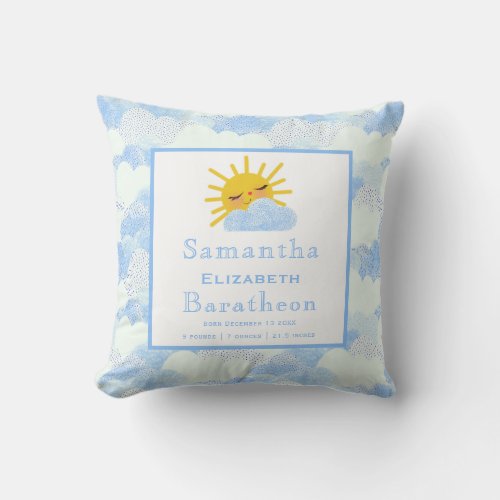 Blue Clouds Sunshine Personalized Baby Birth Stat Throw Pillow