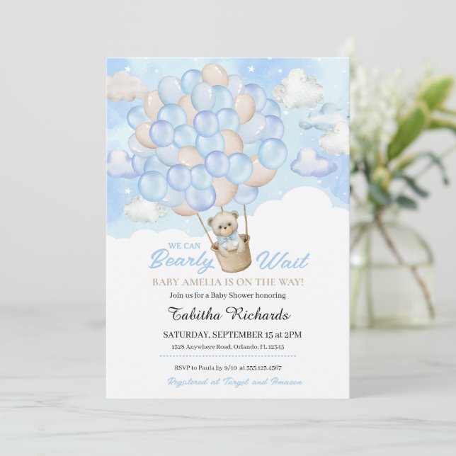 Blue Clouds Teddy Bear Hot Air Balloon Baby Shower Invitation (Standing Front)