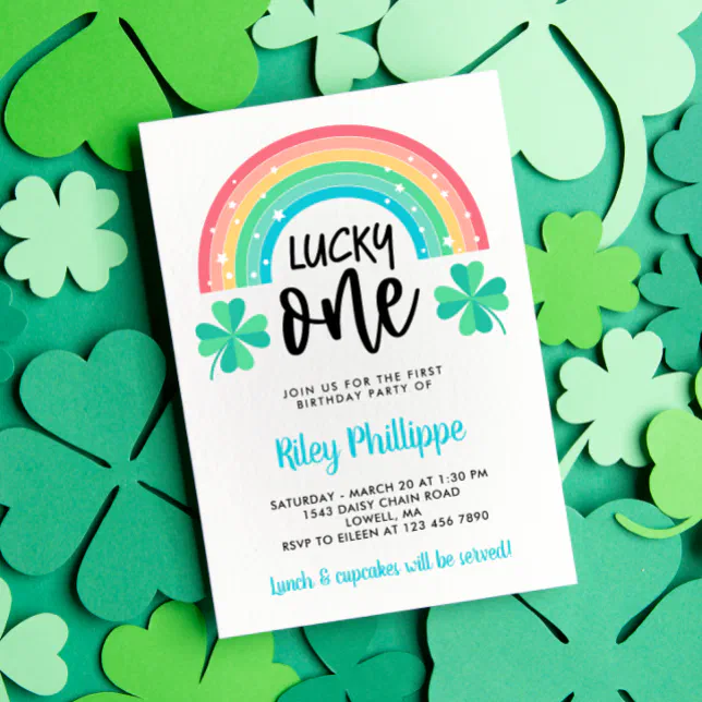 Blue Clover & Rainbow Lucky One First Birthday Invitation | Zazzle