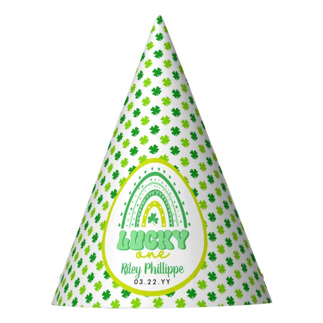 Blue Clover & Rainbow Lucky One First Birthday  Party Hat (Front)