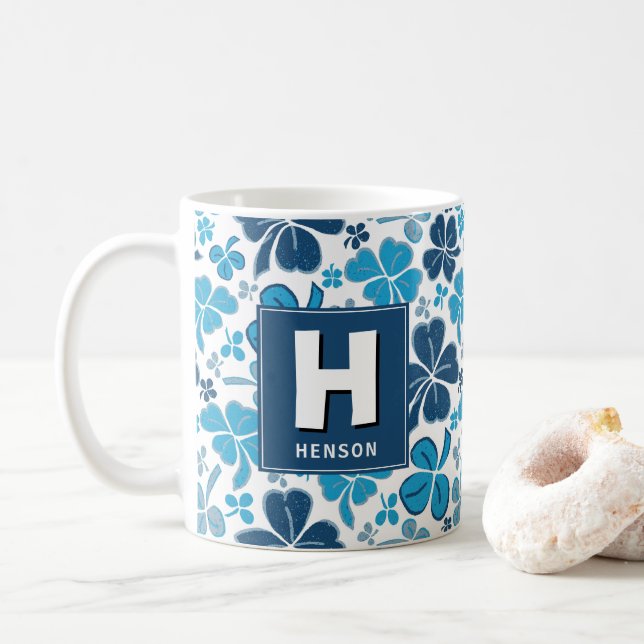 Blue Clover Shamrock Monogrammed St. Patrick`s Day Coffee Mug (With Donut)