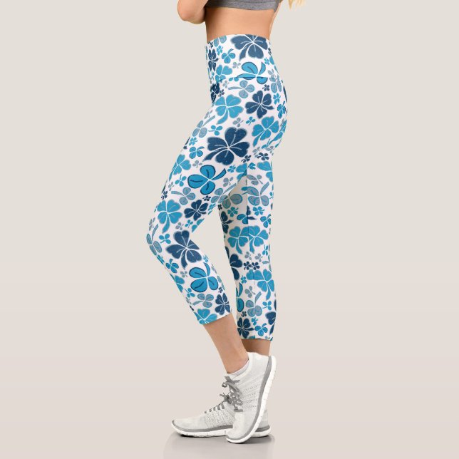 Blue Clover Shamrock Pattern St. Patrick`s Day Capri Leggings (Left)