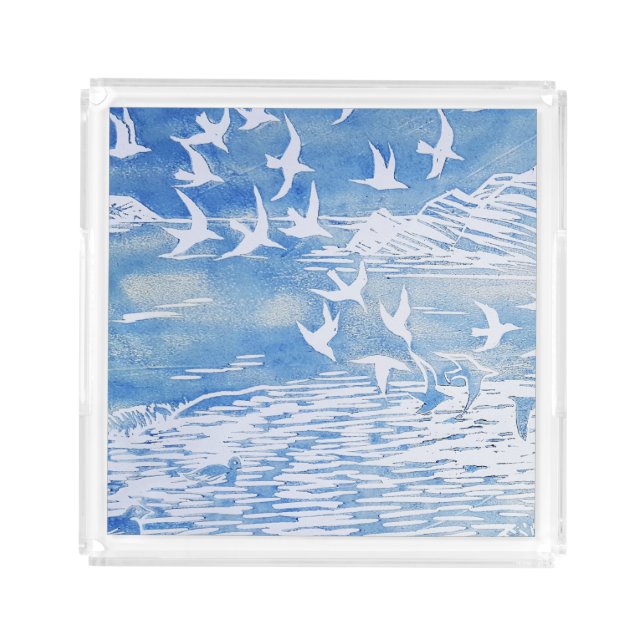 Blue Coast Birds Modern Watercolor Art Acrylic Tray (Front)