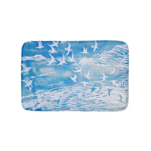 Blue Coast Birds Modern Watercolor Art Bath Mat