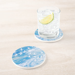Blue Coast Birds Modern Watercolor Art Coaster