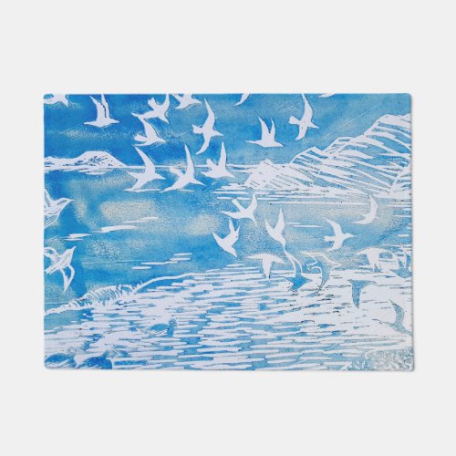 Blue Coast Birds Modern Watercolor Art Doormat