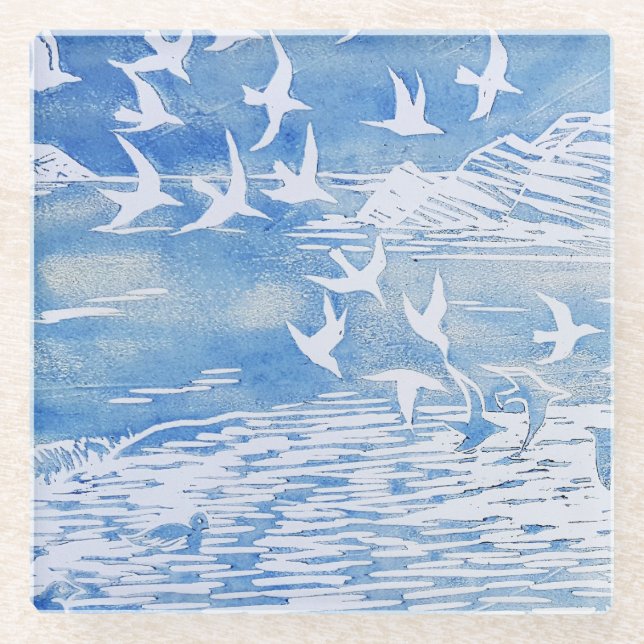 Blue Coast Birds Modern Watercolor Art Glass Coaster (Front)