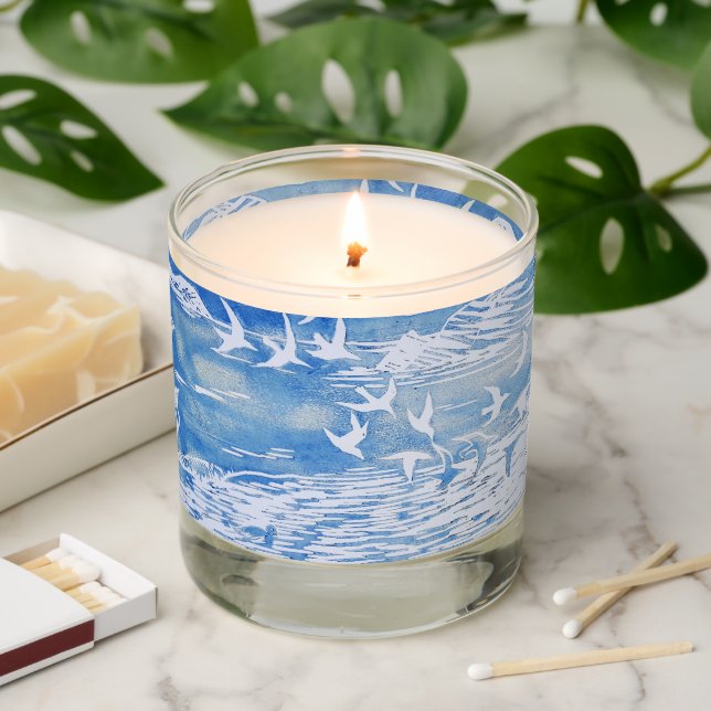 Blue Coast Birds Modern Watercolor Art Scented Candle (Lit)