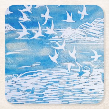 Blue Coast Birds Modern Watercolor Art Square Paper Coaster by beachcafe at Zazzle