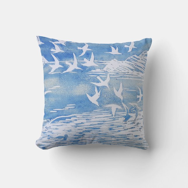 Blue Coast Birds Modern Watercolor Art Throw Pillow (Front)