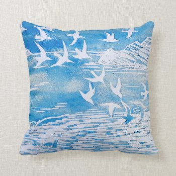 Blue Coast Birds Modern Watercolor Art Throw Pillow by beachcafe at Zazzle