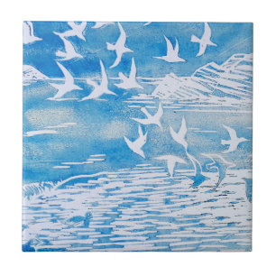 Blue Coast Birds Modern Watercolor Art Tile