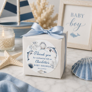 Blue Coastal Baby Shower Boy Thank you Classic Round Sticker