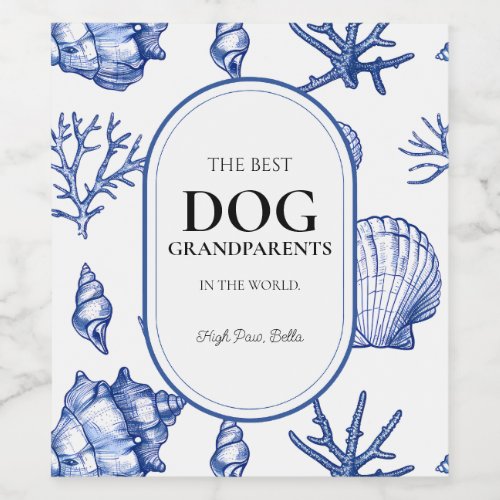 Blue Coastal Best Dog Grandparents Seashell Coral Wine Label