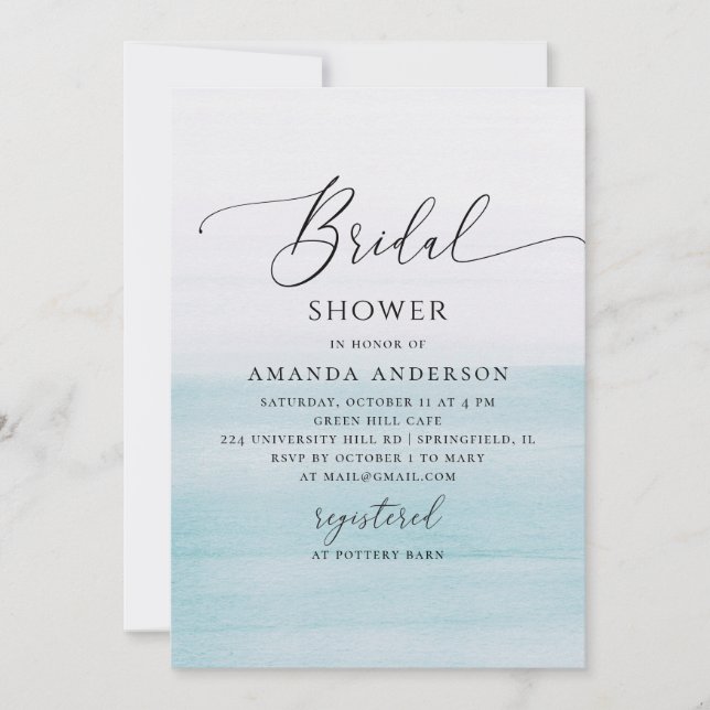 Blue Coastal Bridal Shower | Watercolor Beach Invitation (Front)