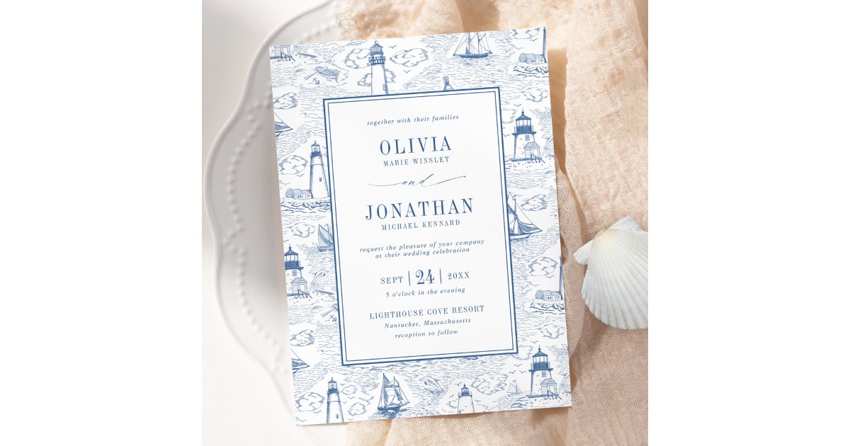 Blue Coastal Chic Lighthouse Toile Wedding Invitation | Zazzle
