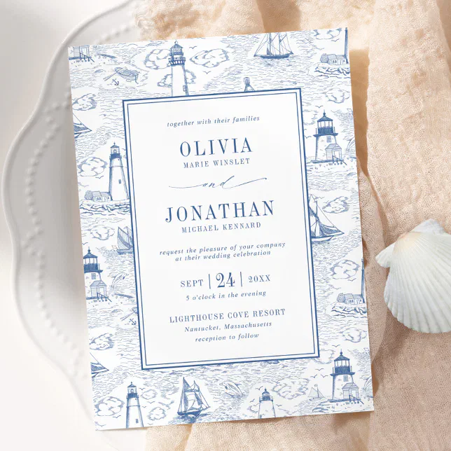 Blue Coastal Chic Lighthouse Toile Wedding Invitation | Zazzle