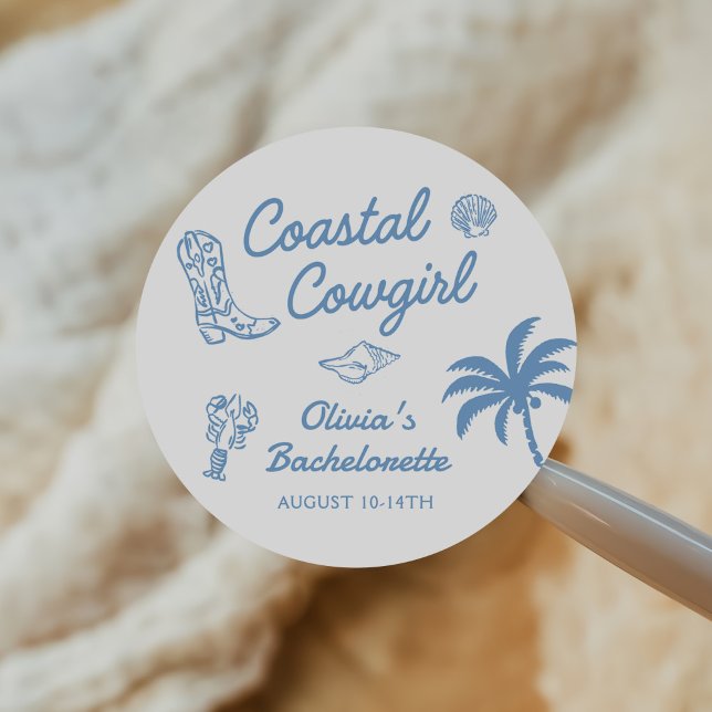Blue Coastal Cowgirl Bachelorette Party Classic Round Sticker (Creator Uploaded)