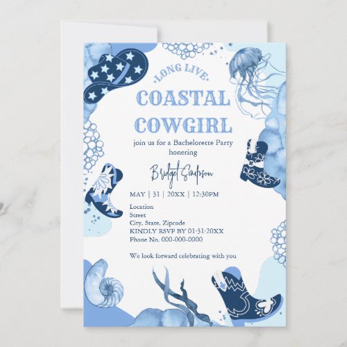 blue coastal cowgirl bachelorette party invitation