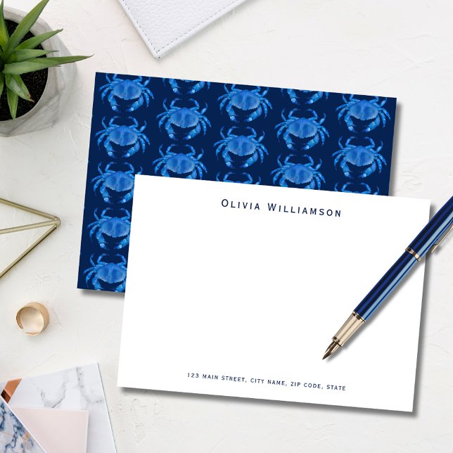 Blue Coastal Crab Beach House inspired Note Card (Blue coastal crab, crustacean illustrated notecard. Personalize with your name & address details.)