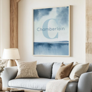 Blue Coastal Custom Last Name Wall Art Prints