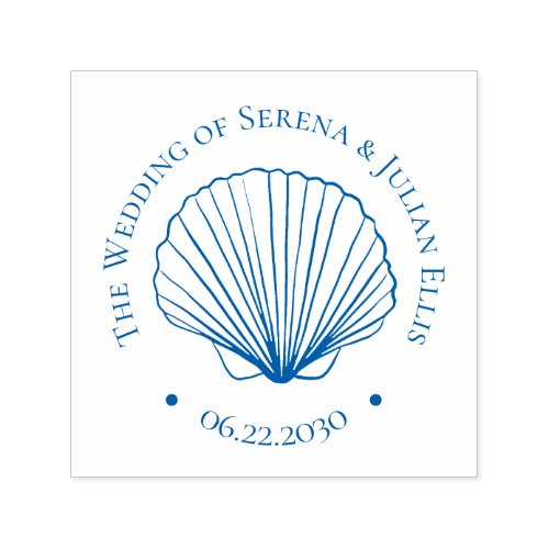 Blue Coastal Elegant Seashell Wedding Monogram Self-inking Stamp
