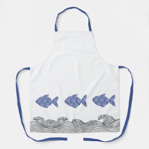 Blue Coastal Fish & Waves Apron